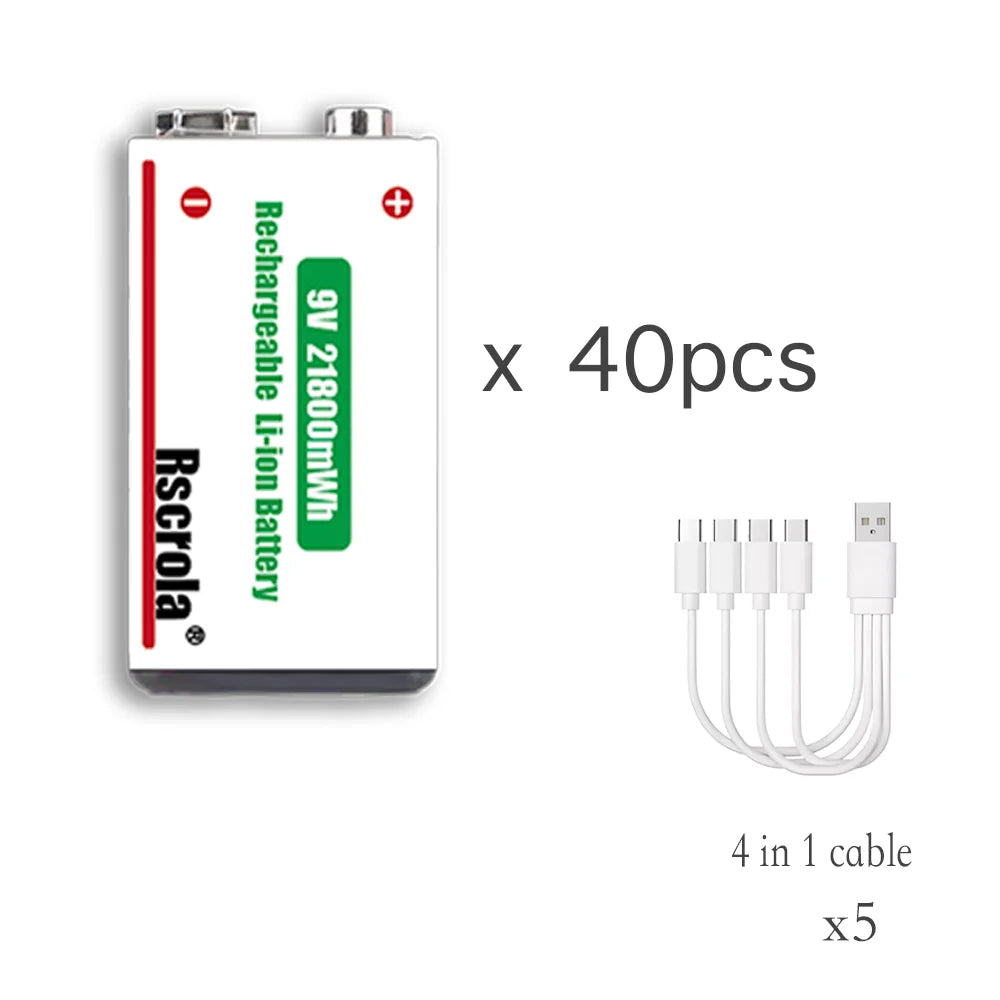 Long-Lasting 9V Lithium ion Rechargeable Battery 21800mWh High Capacity for Guitar Microphone Smoke Detector Pedal with Cable