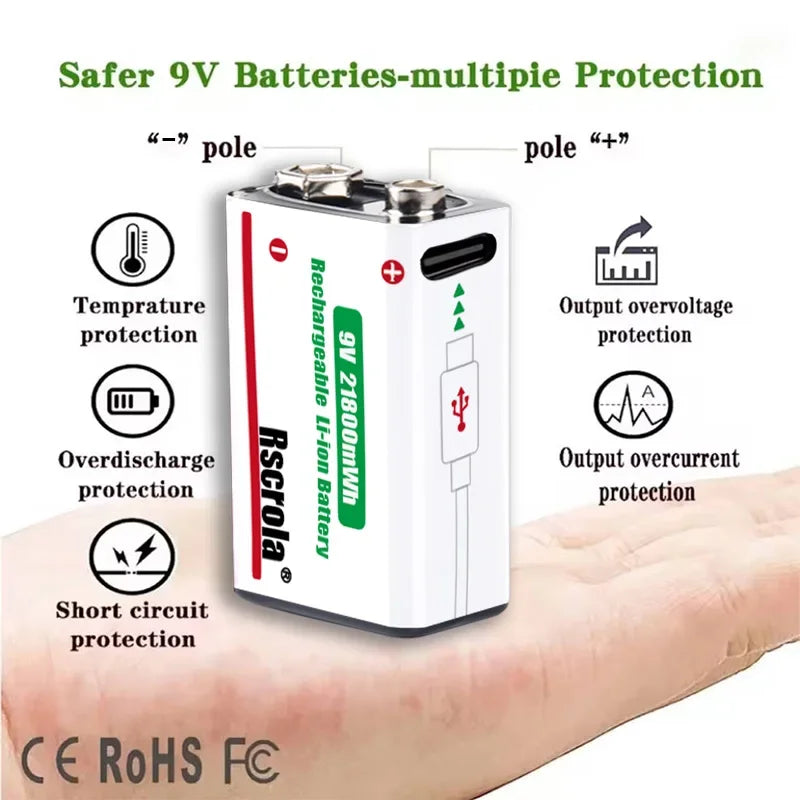 Long-Lasting 9V Lithium ion Rechargeable Battery 21800mWh High Capacity for Guitar Microphone Smoke Detector Pedal with Cable