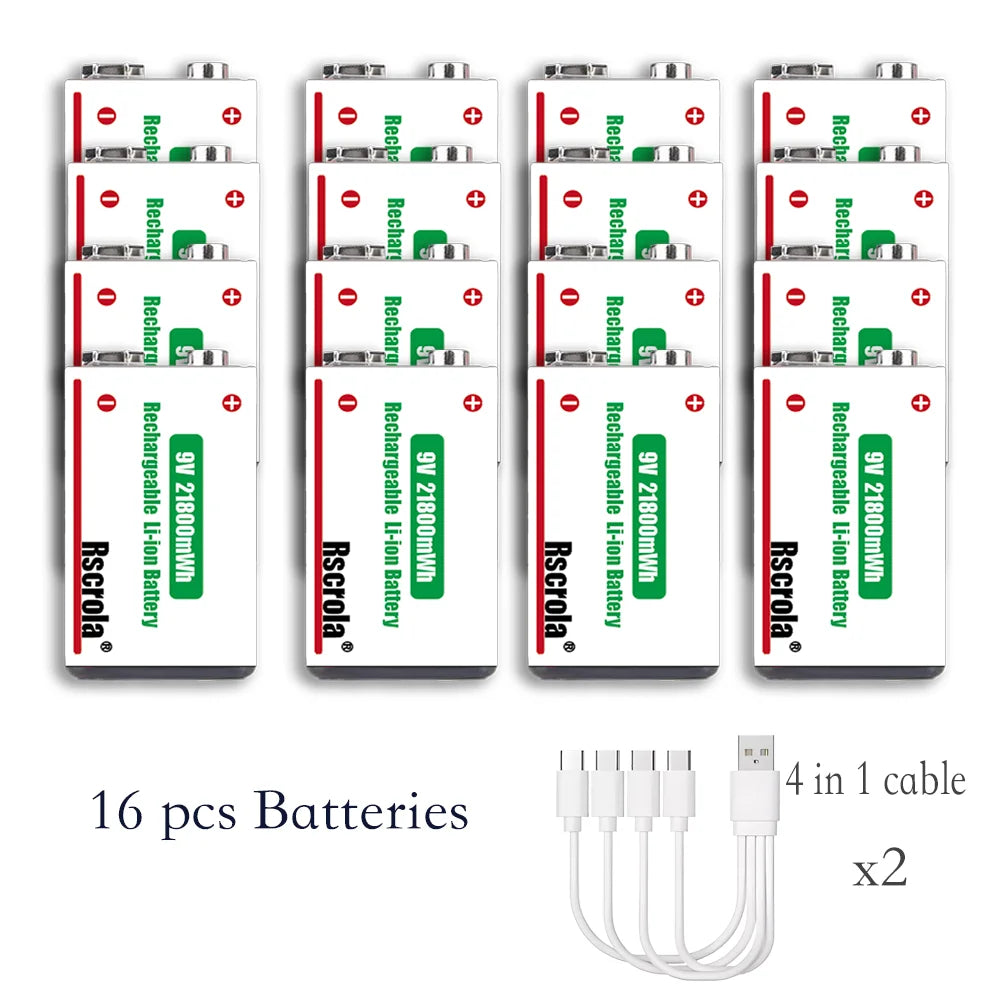 Long-Lasting 9V Lithium ion Rechargeable Battery 21800mWh High Capacity for Guitar Microphone Smoke Detector Pedal with Cable