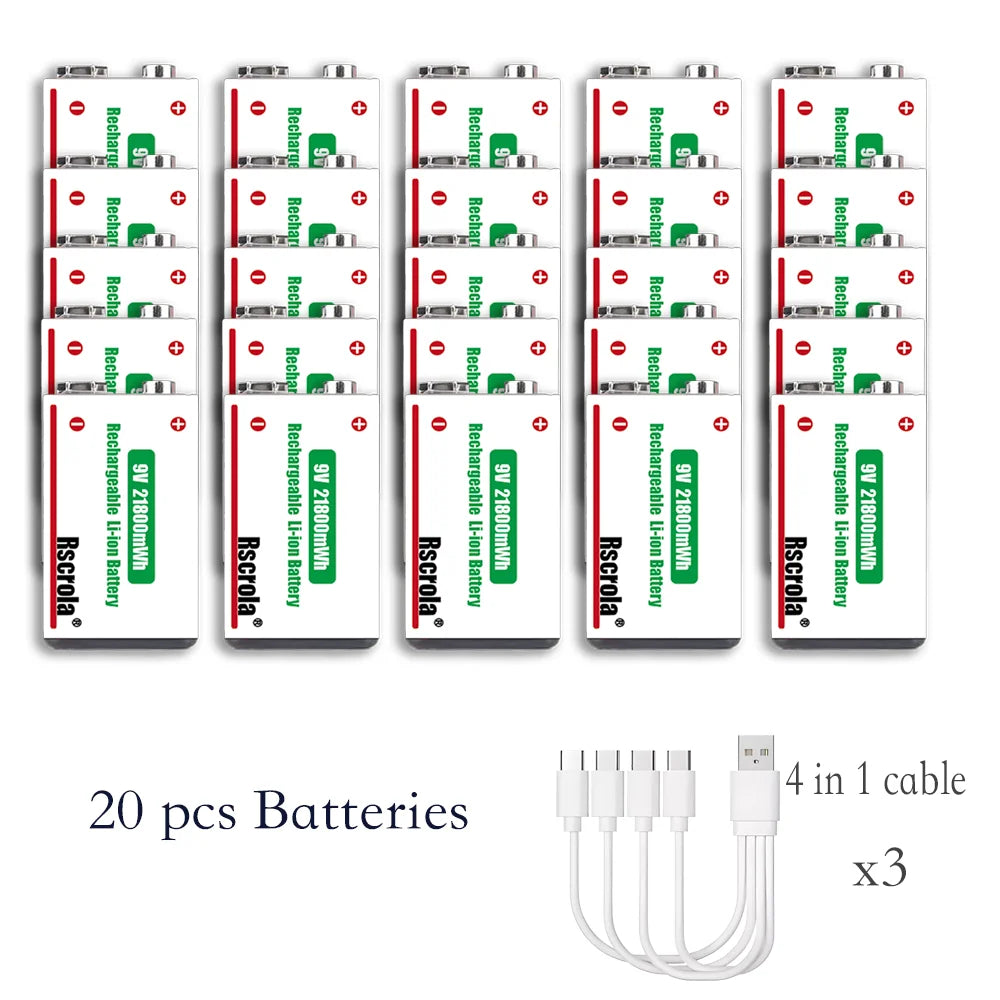 Long-Lasting 9V Lithium ion Rechargeable Battery 21800mWh High Capacity for Guitar Microphone Smoke Detector Pedal with Cable