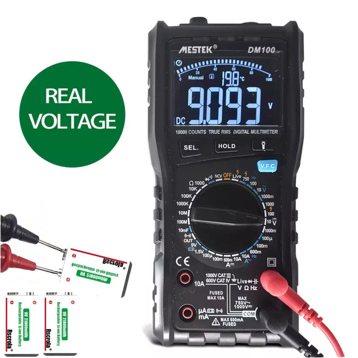 Long-Lasting 9V Lithium ion Rechargeable Battery 21800mWh High Capacity for Guitar Microphone Smoke Detector Pedal with Cable