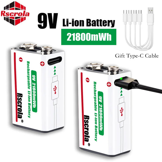 Long-Lasting 9V Lithium ion Rechargeable Battery 21800mWh High Capacity for Guitar Microphone Smoke Detector Pedal with Cable