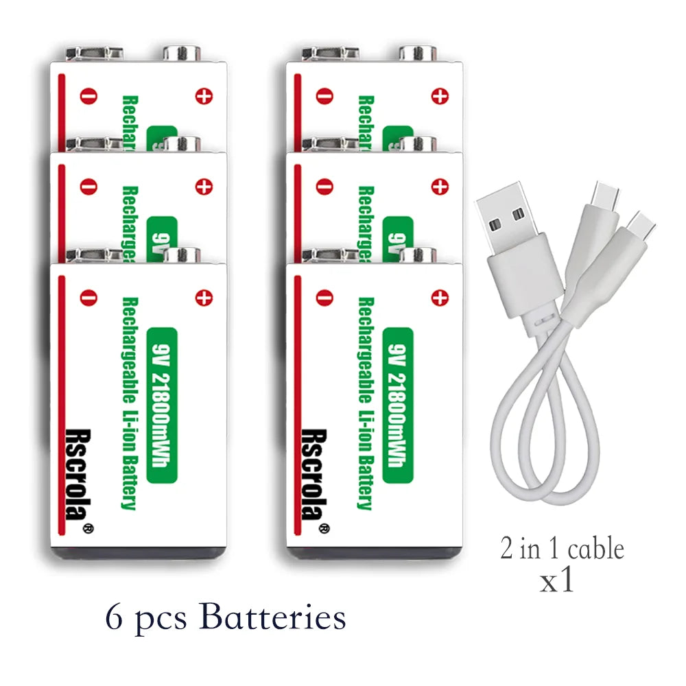 Long-Lasting 9V Lithium ion Rechargeable Battery 21800mWh High Capacity for Guitar Microphone Smoke Detector Pedal with Cable