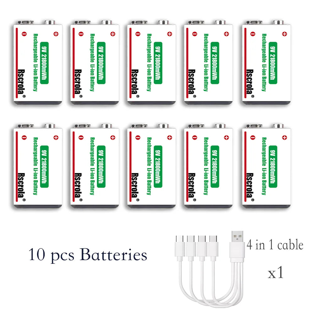 Long-Lasting 9V Lithium ion Rechargeable Battery 21800mWh High Capacity for Guitar Microphone Smoke Detector Pedal with Cable