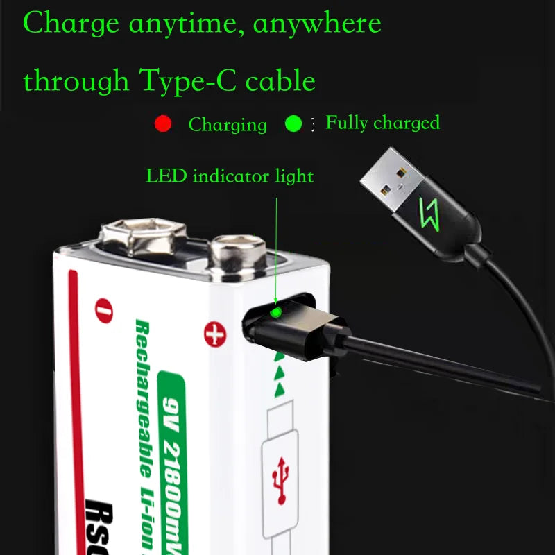Long-Lasting 9V Lithium ion Rechargeable Battery 21800mWh High Capacity for Guitar Microphone Smoke Detector Pedal with Cable