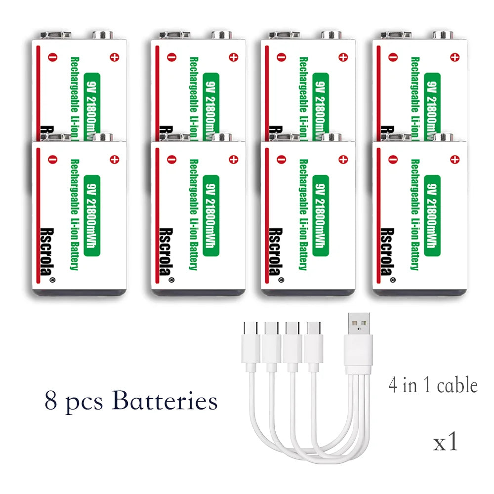 Long-Lasting 9V Lithium ion Rechargeable Battery 21800mWh High Capacity for Guitar Microphone Smoke Detector Pedal with Cable