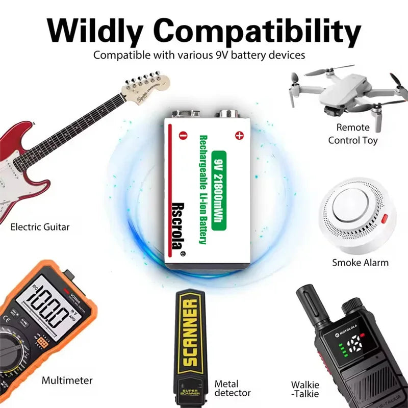 Long-Lasting 9V Lithium ion Rechargeable Battery 21800mWh High Capacity for Guitar Microphone Smoke Detector Pedal with Cable